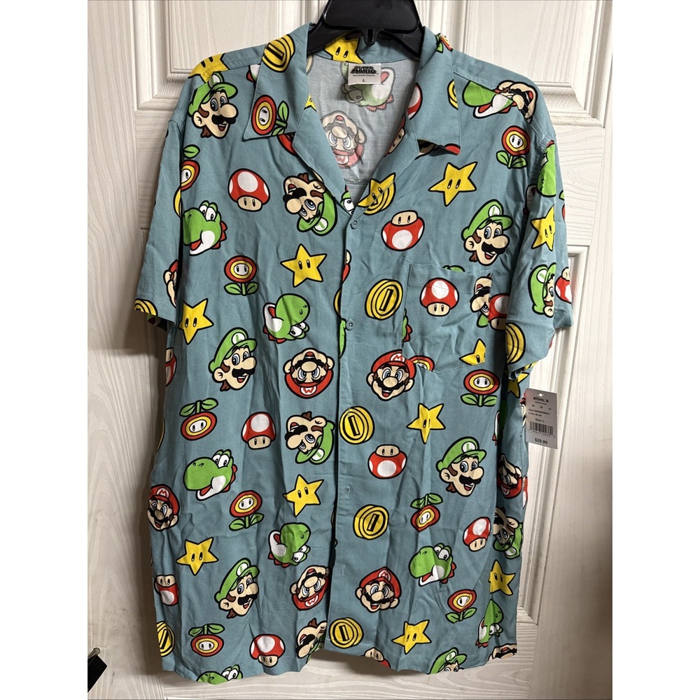 Super Mario, Yoshi , Luigi Print Rayon Button Shirt Mens L Nintendo